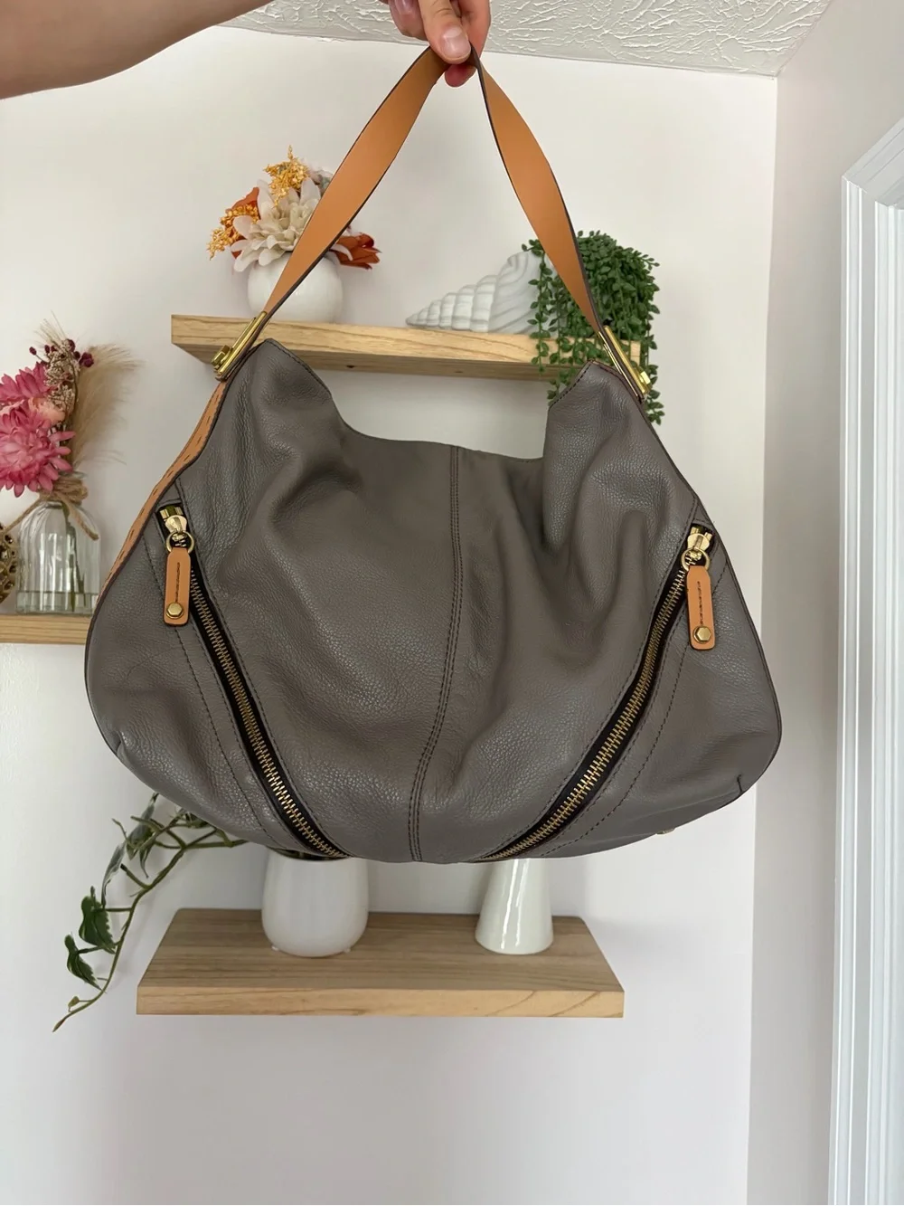 Taupe Leather Shoulder Hobo Bag with Tan Strap